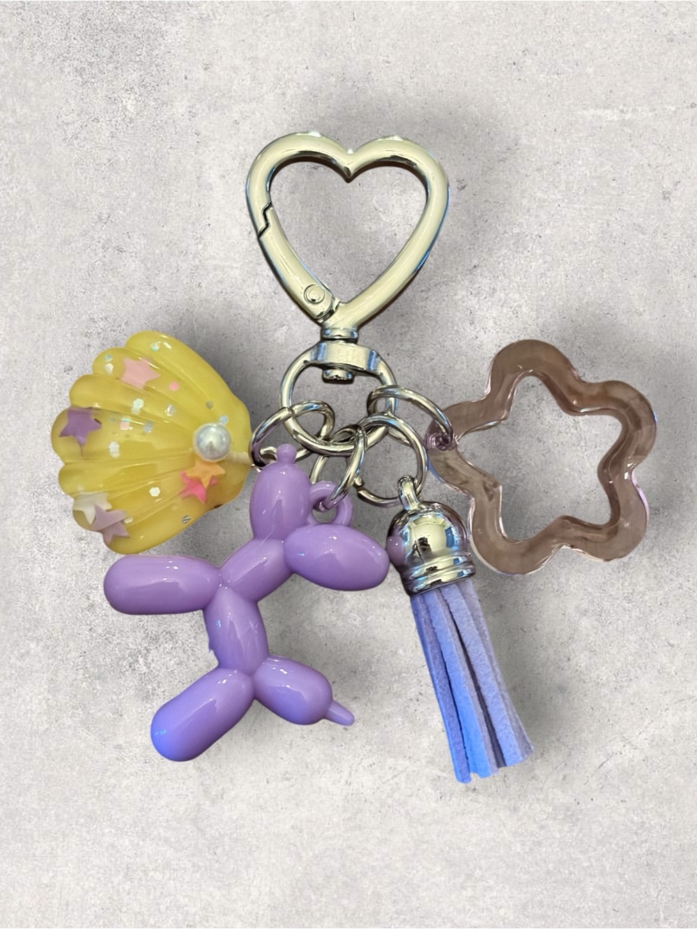 Purple Balloon Dog Keychain with Yellow Star Shell and Lilac Tassel